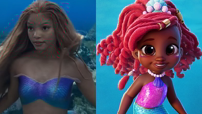 Ariel (Halle Bailey) enjoys a swim in The Little Mermaid (2023), Disney / Key Art for Disney Junior's Ariel (2024), Disney