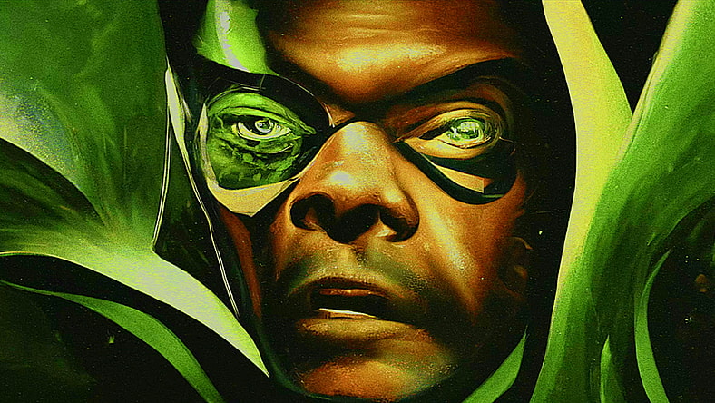 Nick Fury (Samuel L. Jackson) begins his one-man war on the Skrulls in the AI-generated intro to Secret Invasion (2023), Marvel Entertainment