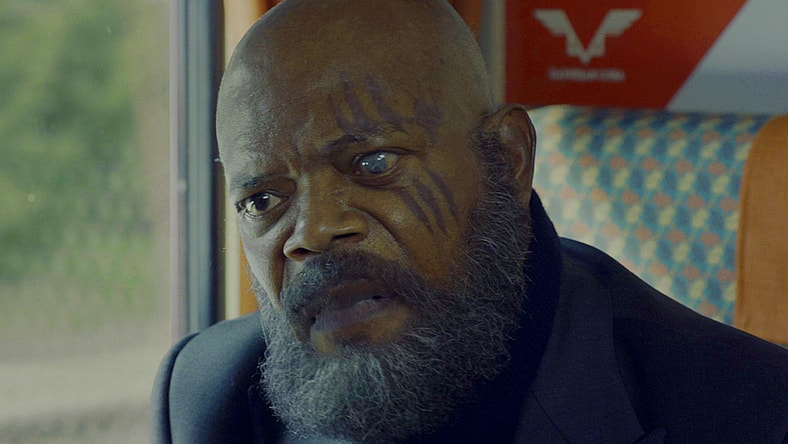 Nick Fury (Samuel L. Jackson) plans his next move in Secret Invasion Season 1 Episode 2 "Promises" (2023), Marvel Entertainment