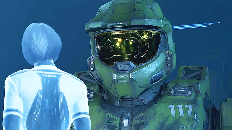 The Weapon (Jen Taylor) informs Master Chief (Steve Downes) of their current situation in Halo 4 (2012), Microsoft Studios