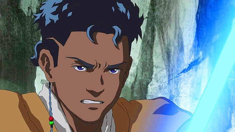 Dan G'Vash (Yuichi Nakamura) readies himself to spar with his Master Tajin Crosser (Takaya Hashi) in Star Wars Visions Season 1 Episode 7 "The Elder" (2021), Studio Trigger / Disney Lucasfilm