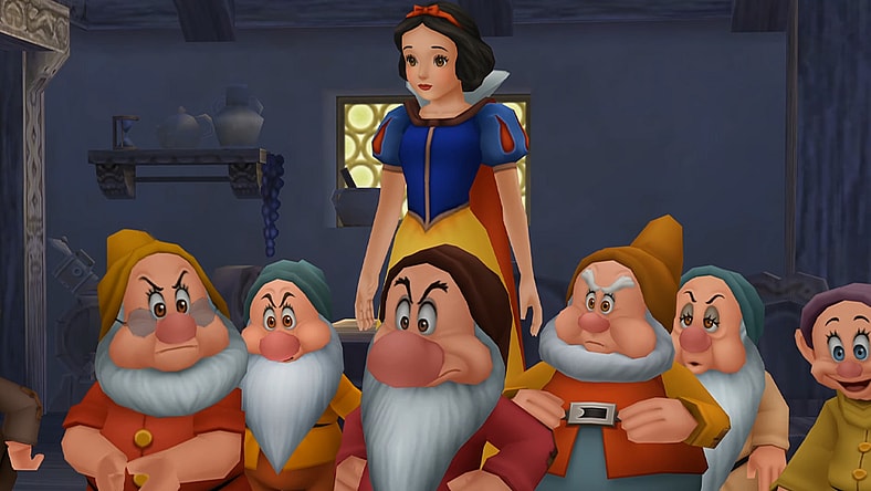 The Seven Dwarfs gather to protect Snow White (Carolyn Gardner) from Ventus (Jesse McCartney) in Kingdom Hearts Birth by Sleep (2009), Square Enix