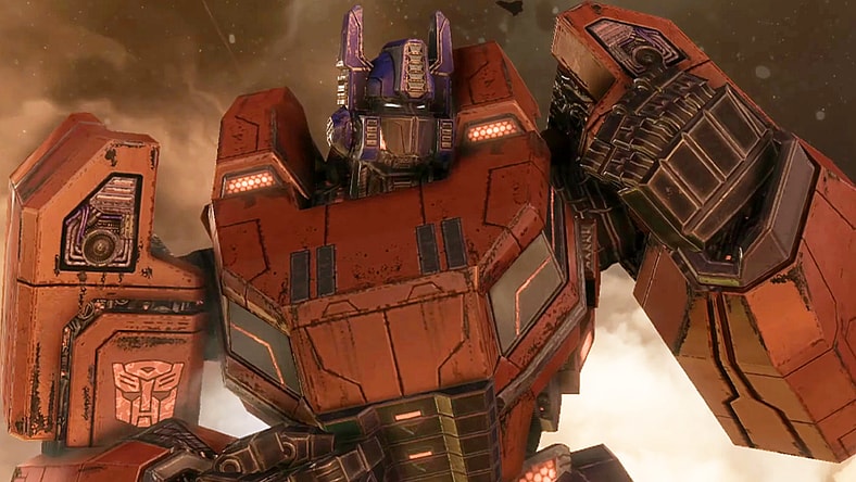 Optimus Prime (Peter Cullen) vows revenge on Megatron (Fred Tatasciore) in Transformers: Fall of Cybertron (2012), Activision