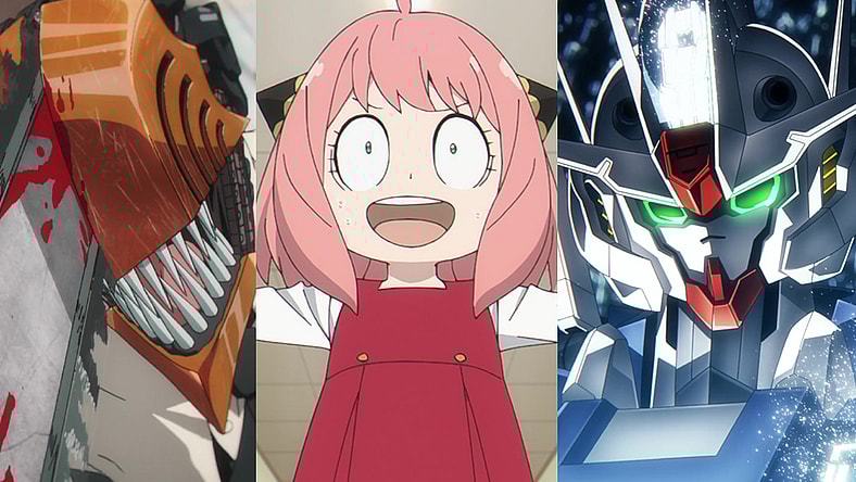 Denji (Kikunosuke Toya) unleashes his true power in Chainsaw Man Season 1 Episode 12 "Katana vs Chainsaw" (2023) / Anya (Atsumi Tanezaki) is unprepared for swim lessons in Spy x Family Season 1 Episode 11 "STELLA" (2023) / Gundam Aerial beams down on its opponent in Mobile Suit Gundam: The Witch From Mercury Season 1 Episode 21 "May All Blessings Find Their Way To You, I'm Wishing For It" (2023)