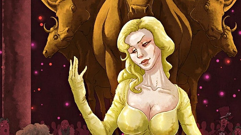 A woman in a golden dress gestures in front of golden calves.