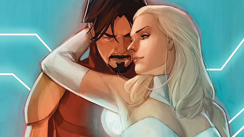 Tony Stark and Emma Frost share a dance on Phil Noto's variant cover to Invincible Iron Man Vol. 5 #5 "The Autobiography of Tony Stark - Conclusion" (2023), Marvel Comics