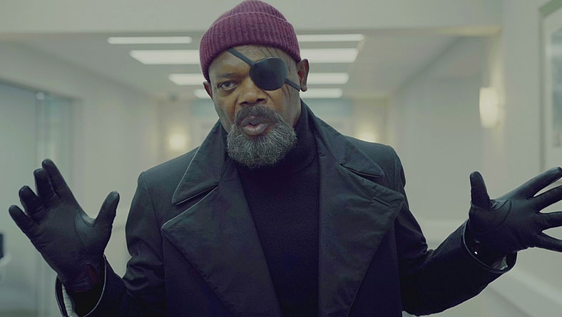 Nick Fury (Samuel L. Jackson) exposes the Skrulls' plans in Secret Invasion Season 1 Episode 6 "Home" (2023), Marvel Entertainment