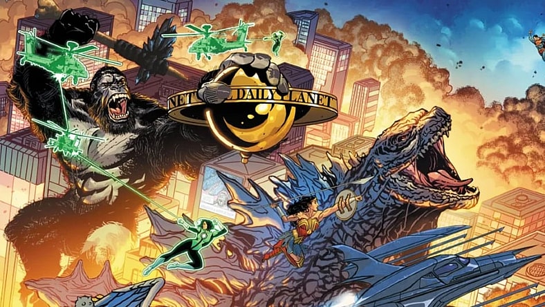 Godzilla and Kong fighting Justice League