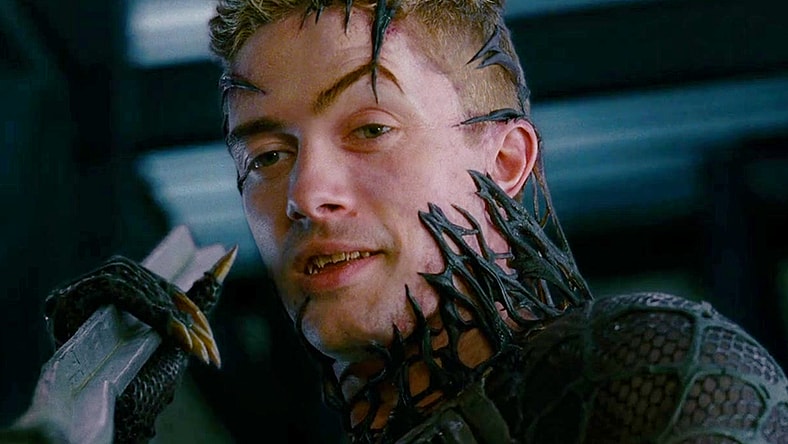 Venom (Topher Grace) threatens Peter Parker (Tobey Maguire) in Spider-Man 3 (2007), Sony Pictures