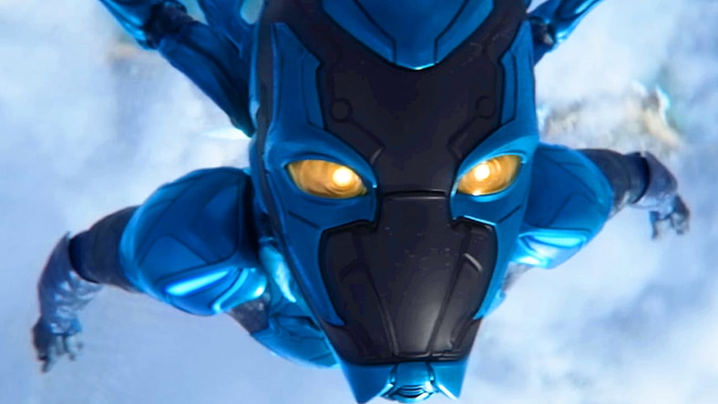 Jamie Reyes (Xolo Maridueña) takes to the skies in Blue Beetle (2023), DC Studios