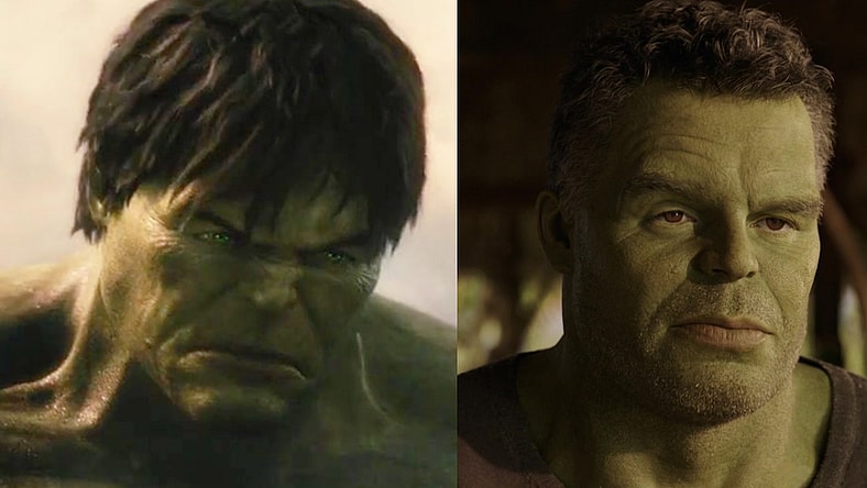 The Hulk (Edward Norton) prepares for a brawl in The Incredible Hulk (2009), Marvel Entertainment / Bruce Banner (Mark Ruffalo) teaches his cousin (Tatiana Maslany) yoga She-Hulk: Attorney at Law Season 1 Episode 1 “A Normal Amount of Rage” (2022), Marvel Entertainment