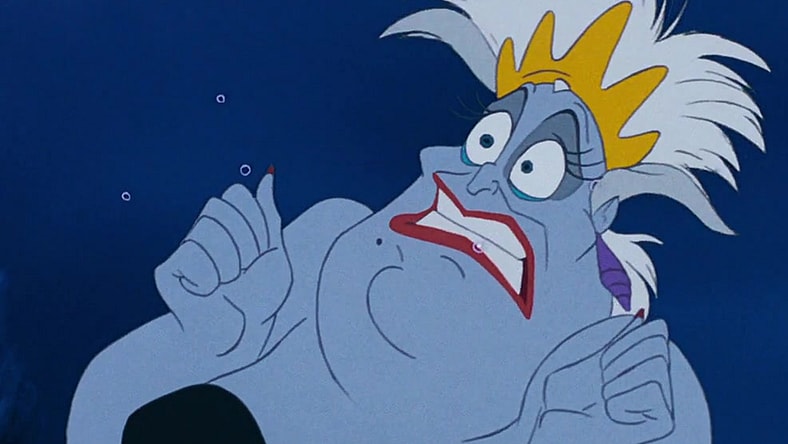 Ursula (Pat Carroll) encounters a bump in her plans in The Little Mermaid (1989), Walt Disney Studios