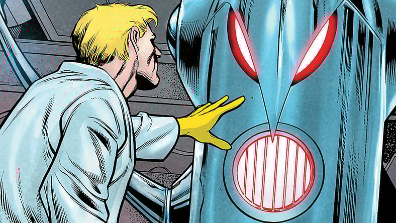 Hank Pym activates Ultron-1 in Age of Ultron Vol. 1 #9 (2013), Marvel Comics. Words by Brian Michael Bendis, art by Brandon Peterson, Carlos Pacheco, Roger Bonet, Paul Mounts, José Villarrubia, and Cory Petit
