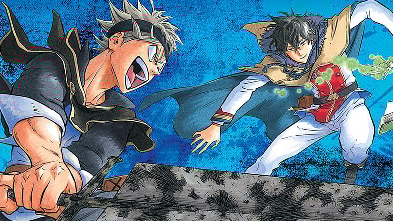 Asta clashes with Yuno on Yuki Tabata's color spread to Black Clover Ch. 105 "Two New Stars" (2017), Shueisha