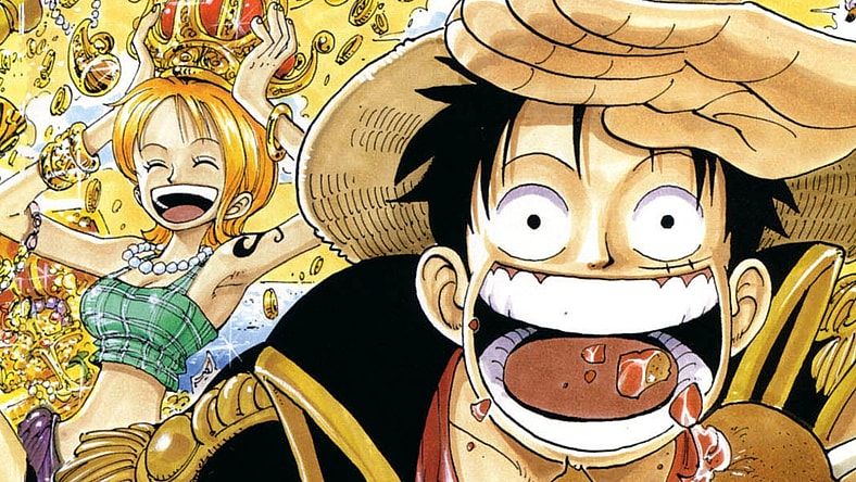 Luffy and Nami celebrate a massive haul on Eiichiro Oda's cover to One Piece Chapter 100 "The Legend Has Begun" (1999), Shueisha