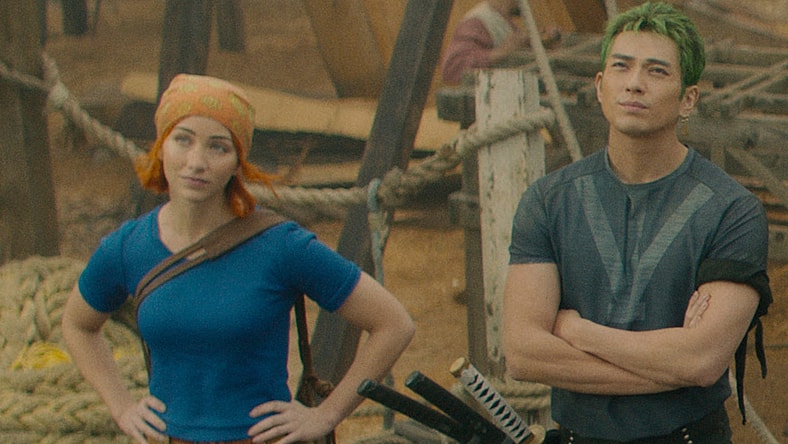 One Piece. (L to R) Emily Rudd as Nami, Mackenyu Arata as Roronoa Zoro, Iñaki Godoy as Monkey D. Luffy, Celeste Loots as Kaya, Jacob Romero Gibson as Usopp in season 1 of One Piece. Cr. Courtesy of Netflix © 2023