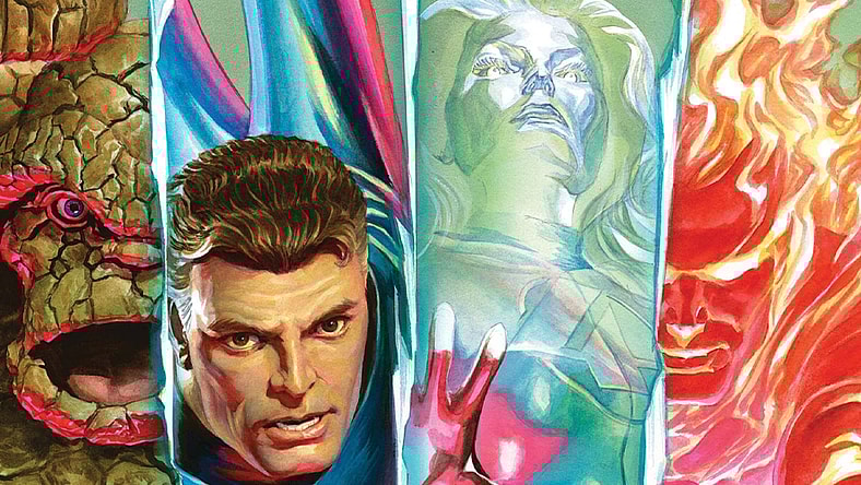 The Fantastic Four line-up on Alex Ross' variant cover to Fantastic Four Vol. 7 #1 "The Last Town on the Left" (2022), Marvel Comics