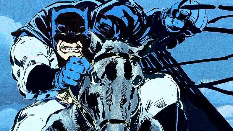 Batman leads the final charge in Batman: The Dark Knight Returns Vol. 1 #4 "The Dark Knight Falls" (1986), DC Comics. Words and art by Frank Miller.