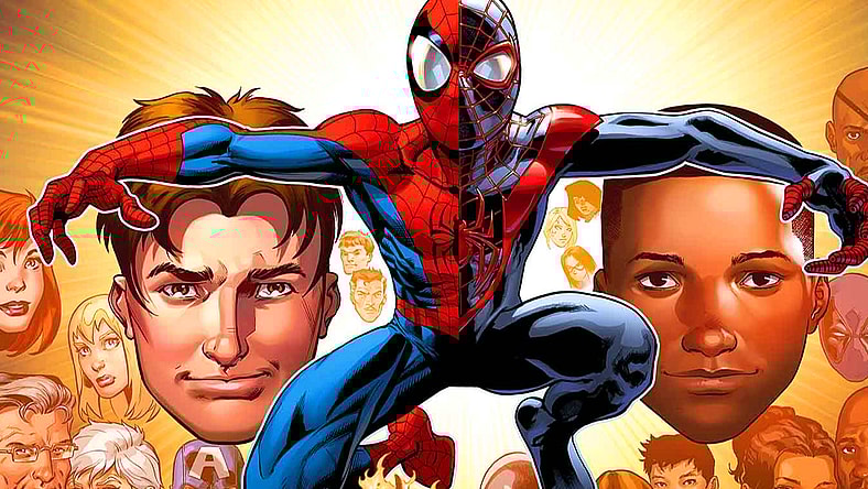 The cast of Ultimate Spider-Man adorns Mark Bagley, David Marquez, Andrew Hennessy, and Justin Ponsor's connecting cover to Ultimate Spider-Man Vol. 1 #200 (2014), Marvel Comics