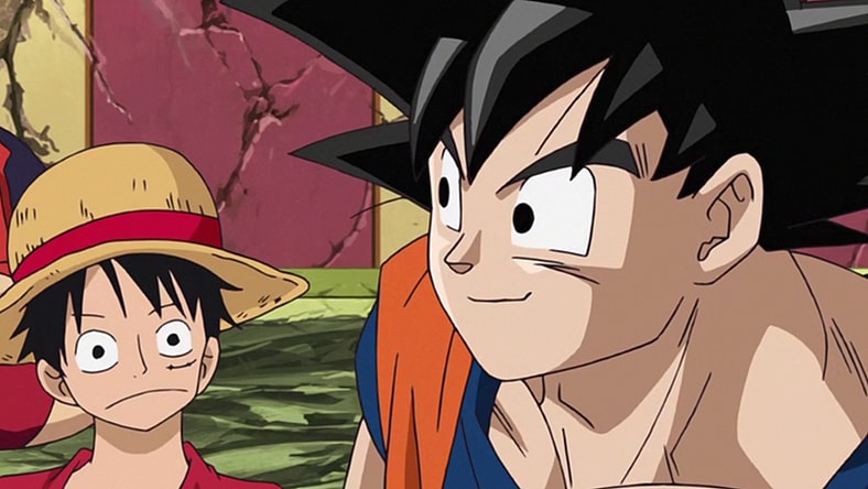 Goku (Masako Nozawa) compliments Luffy's (Mayumi Tanaka) fighting prowess in Dream 9 Toriko x One Piece x Dragon Ball Z Super Collaboration Special (2013), Toei Animation