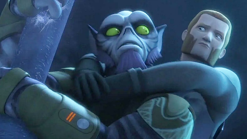 Zeb (Steve Blum) carries Agent Kallus (David Oyelowo) to safety in Star Wars Rebels Season 2 Episode 17 "The Honorable Ones" (2016), Lucasfilm