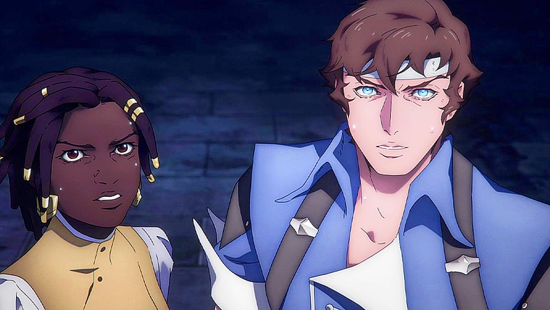 Richter (Edward Bluemel) and Annette (Thus Mbedu) witness a solar eclipse in Castlevania: Nocturne Season 1 Episode 7 "Blood Is the Only Way" (2023), Netflix
