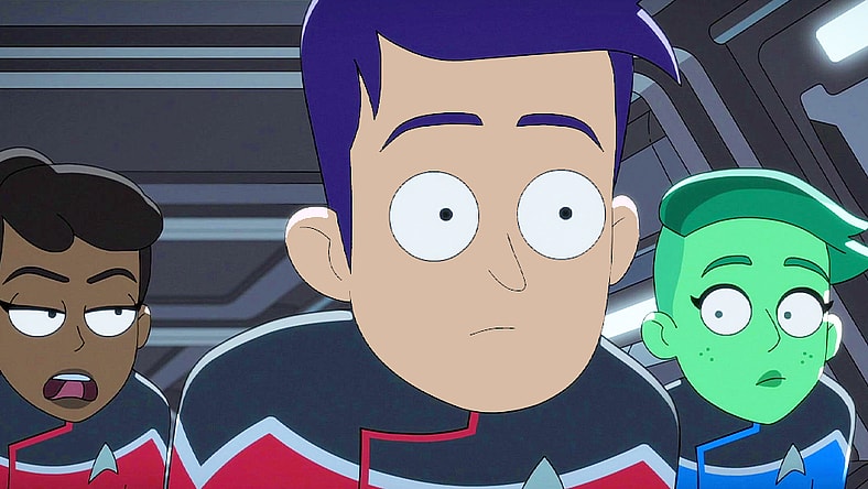 Mariner (Tawny Newsome), Boimler (Jack Quaid) and Tendi (Noel Wells) explore the ducts of the U.S.S. Cerritos in Star Trek: Lower Decks Season 3 Episode 4 "Room for Growth" (2022), Paramount Plus