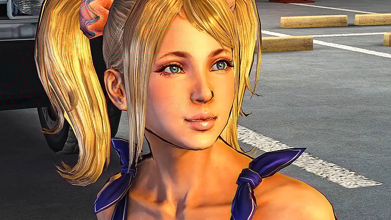 Juliet (Tara Strong) gets a birthday present from her father (Gregg Henry) in Lollipop Chainsaw (2012), Kadokawa Games