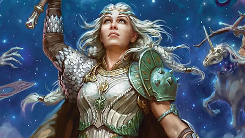 Asteria raises her blade on the cover to Dungeons & Dragons: The Book of Many Things (2023), Wizards of the Coast