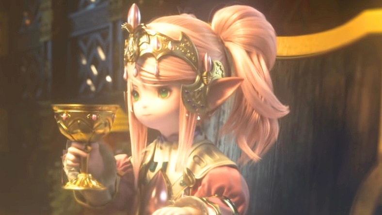 Nanamo Ul Namo (Mariya Ise) prepares to imbibe an unexpected drink in Final Fantasy XIV: Heavensward (2015), Square Enix