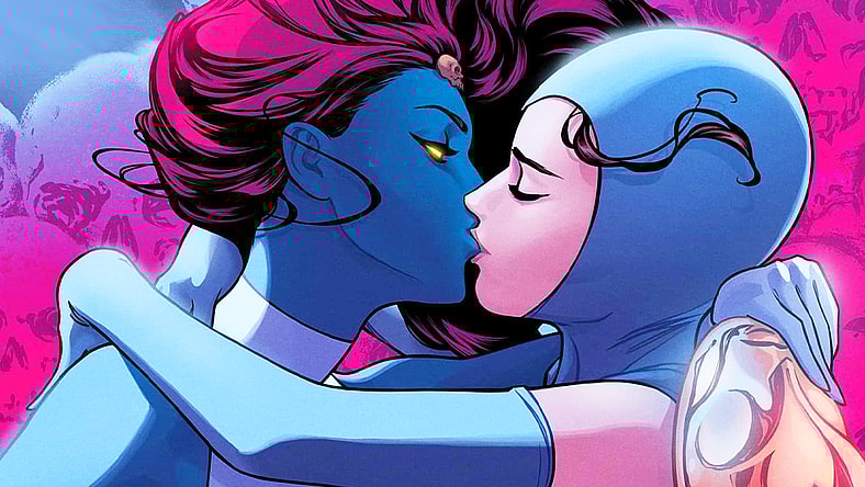 Mystique and Destiny share a deep kiss on Russell Dauterman's variant cover to X-Men: Blue - Origins Vol. 1 #1 (2023), Marvel Comics