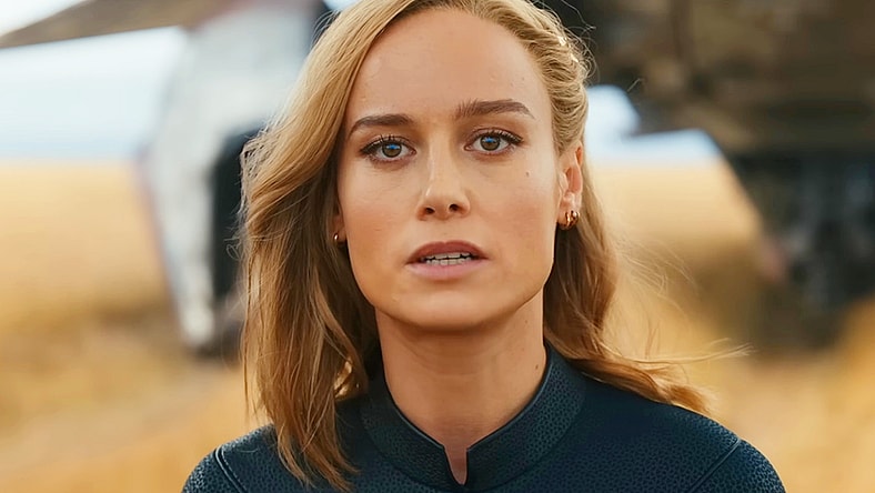 Carol Danvers (Brie Larson) realizes just what Dar-Benn (Zawe Ashton) is planning in The Marvels (2023), Marvel Entertainment