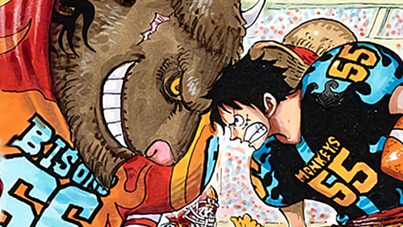 Luffy and a Bison bear down on the line of scrimmage on Eiichiro Oda's color spread to One Piece Ch. 858 "Meeting" (2017), Shueisha
