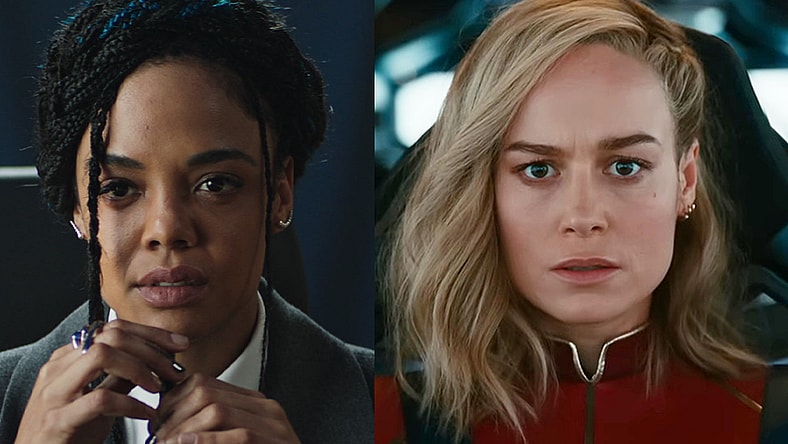 King Valkyrie (Tessa Thompson) oversees the affairs of New Asgard in Thor: Love and Thunder (2022), Marvel Entertainment / Carol Danvers (Brie Larson) receives a transmission from Nick Fury (Samuel L. Jackson) in The Marvels (2023), Marvel Entertainment