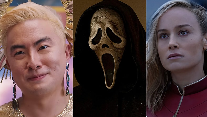 Bowen Yang as God in Dicks: The Musical (2023), A24 / Ghostface in Paramount Pictures and Spyglass Media Group's "Scream VI." © 2022 Paramount Pictures. Ghost Face is a Registered Trademark of Fun World Div., Easter Unlimited, Inc. ©1999. All Rights Reserved.”. Ghost Face is a Registered Trademark of Fun World Div., Easter Unlimited, Inc. ©1999. All Rights Reserved.” / Brie Larson as Captain Marvel/Carol Danvers in Marvel Studios' THE MARVELS. Photo by Laura Radford. © 2023 MARVEL.