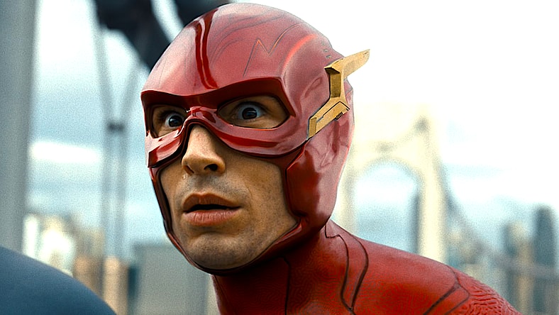 Flash (Ezra Miller) realizes Batman (Ben Affleck) is being affected by Wonder Woman's (Gal Gadot) Lasso of Truth in The Flash (2023), Warner Bros. Pictures