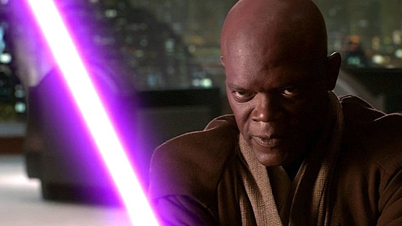 Mace Windu (Samuel L. Jackson) battles Darth Sidious (Ian McDiarmid) in Star Wars Episode III: Revenge of the Sith (2005), Lucasfilm