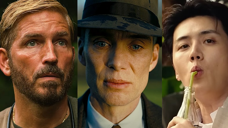 Jim Caviezel as Tim Ballard in Sound of Freedom (2023), Angel Studios / Cillian Murphy as Julius Robert Oppenheimer in Oppenheimer (2023), Universal Pictures / Nobleman (Kim Seon-ho) enjoys a beverage in The Childe (2023), Next Entertainment World