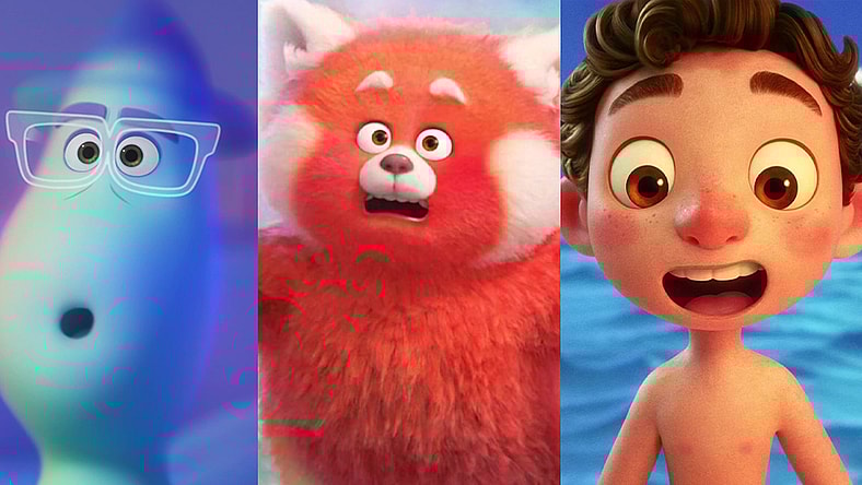 Joe (Jamie Foxx) attempts to buy some time for 22 (Tina Fey) in Soul (2020), Disney/Pixar / Sun Yee (N/A) helps Mei Lee (Rosalie Chiang) embrace her Red Panda form in Turning Red (2020), Disney/Pixar / Luca (Jacob Tremblay) dreams of riding a Vespa in Luca (2021), Disney/Pixar