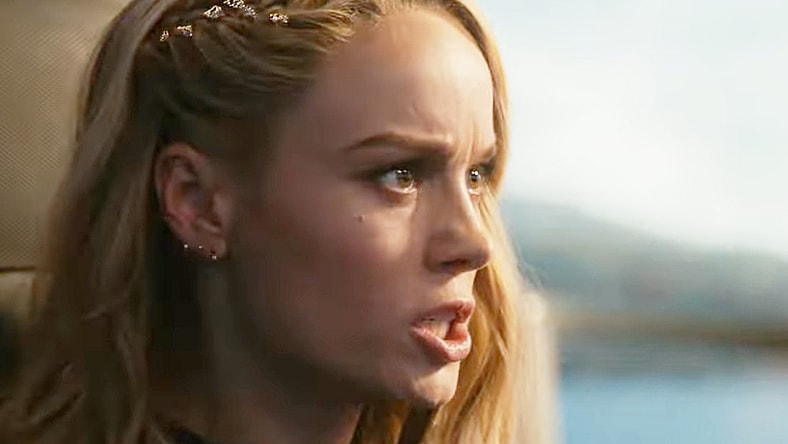 Captain Marvel (Brie Larson) finds herself overwhelmed by Kree forces in The Marvels (2023), Marvel Cinematic Universe