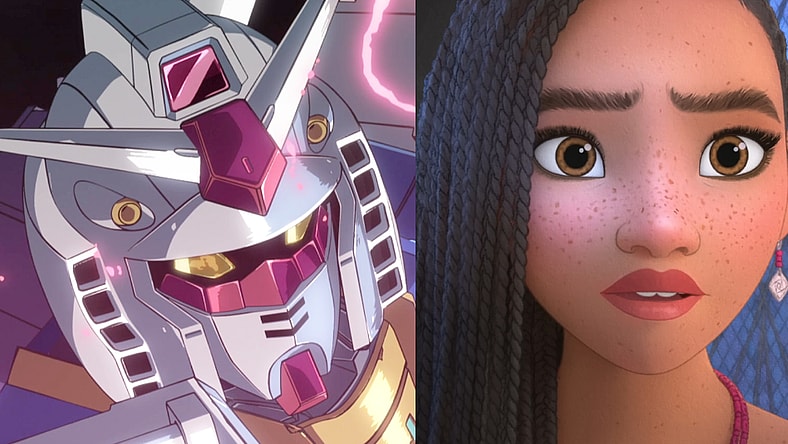 Amuro (Toru Furuya) stands in defense of his newfound friends in Mobile Suit Gundam: Cucuruz Doan's Island (2022), ©SOTSU・SUNRISE / Asha (Arian DeBose) prepares to defy King Magnifico (Chris Pine) in Wish (2023), Disney