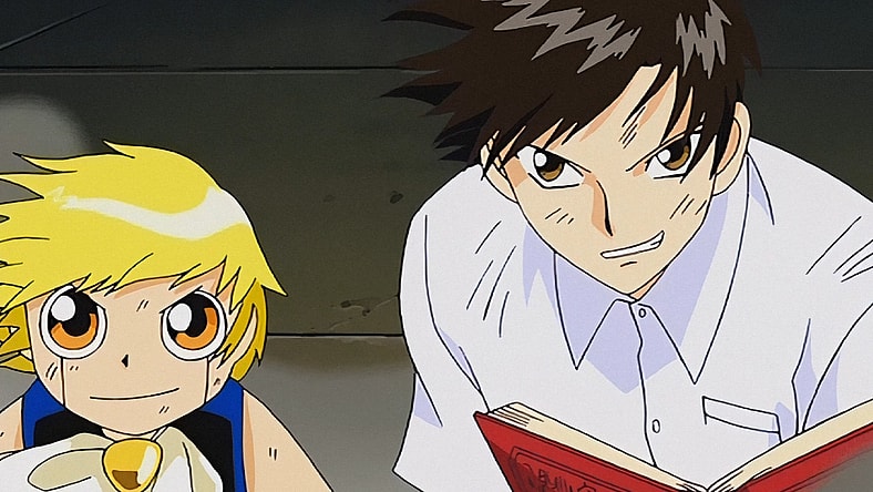 Zatch (Ikue Ōtani) and Kiyomaru (Takahiro Sakurai) prepare to take on Baltro (Kiyoyuki Yanada) and Steng (Kazuki Yao) in Zatch Bell! Episode 20 "The Great Collapse! Baltro's Counterattack" (2003), Toei Animation