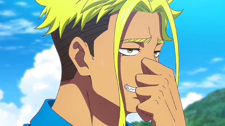 Kenichirou Ryuuzaki (Makoto Furukawa) is overwhelmed by the scent of an outhouse in Zom 100: Bucket List of the Dead Episode 10 "Hometown of the Dead I" (2023), Bug Films