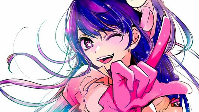 Ai strikes a pose on an Oshi no Ko promotional image penned by Aka Akasaka for Shueisha's Shonen Jump+