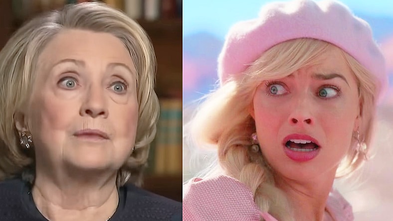 Hillary Clinton warns Christiane Amanpour about the dangers of Donald Trump (2023), CNN / Barbie (Margot Robbie) is surprised to find Ken (Ryan Gosling) was stowing away in her car in Barbie (2023), Warner Bros. Pictures