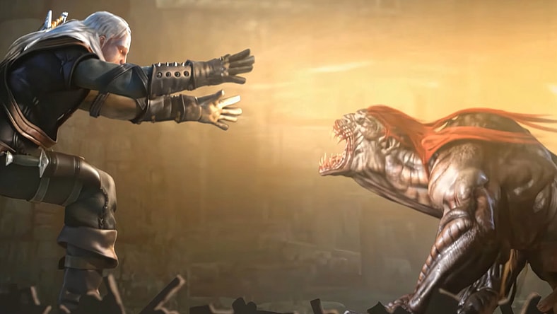 Geralt (Doug Cockle) holds back the Striga in The Witcher: Enhanced Edition (2008), CD Projekt Red