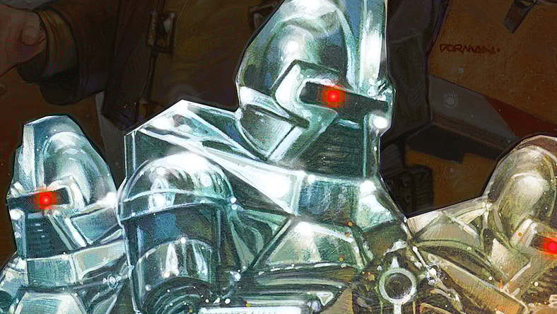 A group of Cylons scan for humans on Dave Dorman's variant cover to Classic Battlestar Galactica Vol. 1 #1 (2006), Dynamite Entertainment