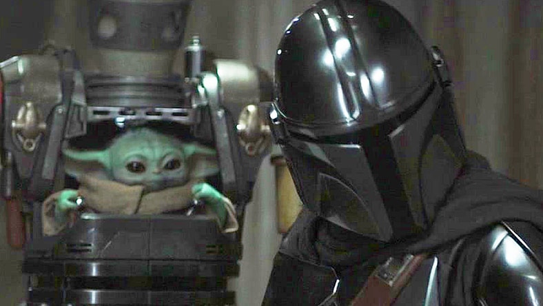Din Djarin (Pedro Pascal) and Grogu prepare to raid Moff Gideon's (Giancarlo Esposito) base in The Mandalorian Season 3 Episode 8 "Chapter 24: The Return" (2023), Disney