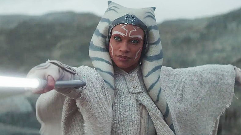 Ahsoka Tano (Rosario Dawson) draws her lightsabers on Baylan Skoll (Ray Stevenson) in Ahsoka Season 1 Episode 7 "Part Seven: Dreams and Madness" (2023), Disney