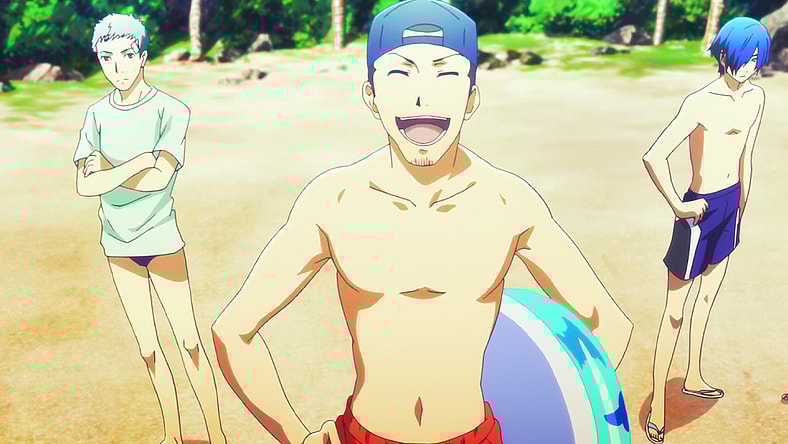Junpei (Kôsuke Toriumi), Akihiko (Hikaru Midorikawa), and Makoto (Akira Ishida) hit the beach in Persona 3 the Movie #2: Midsummer Knight's Dream (2014), A-1 Pictures
